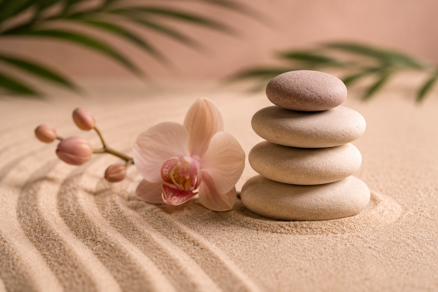 A stack of five smooth, white stones on sand with a pink orchid flower and green palm leaves in the background.