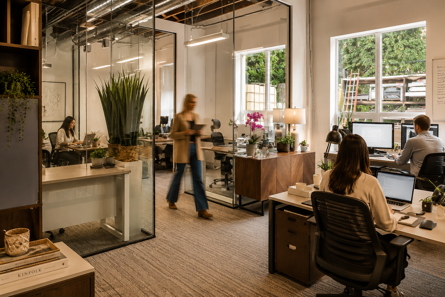 An open-plan office with employees working at desks, a woman walking through the space, and large windows showing trees outside. The office is decorated with plants and modern furniture.