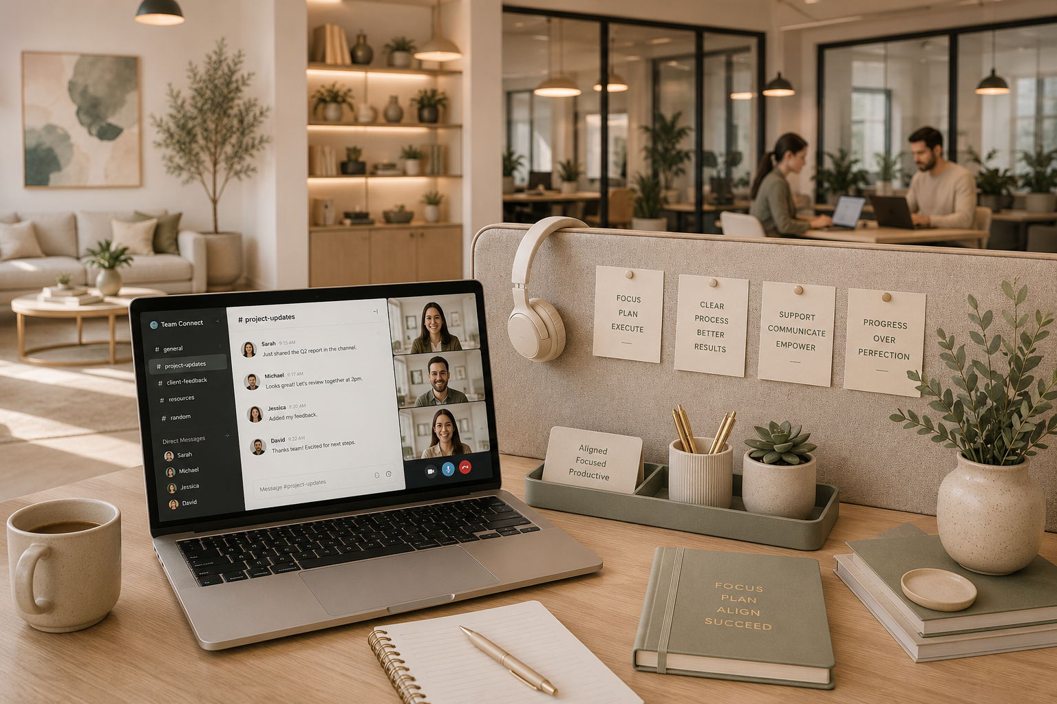 Office workspace with a laptop on a desk displaying a video call and chat, notebooks, a coffee mug, headphones, and small potted plants in a bright, modern office.