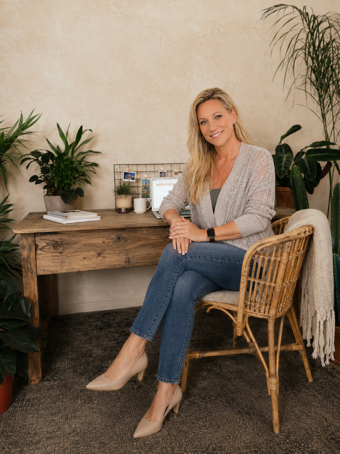 A woman sitting on a rattan chair at a wooden desk in a home office surrounded by green plants, wearing a beige cardigan, gray top, blue jeans, and beige high heels, smiling at the camera.