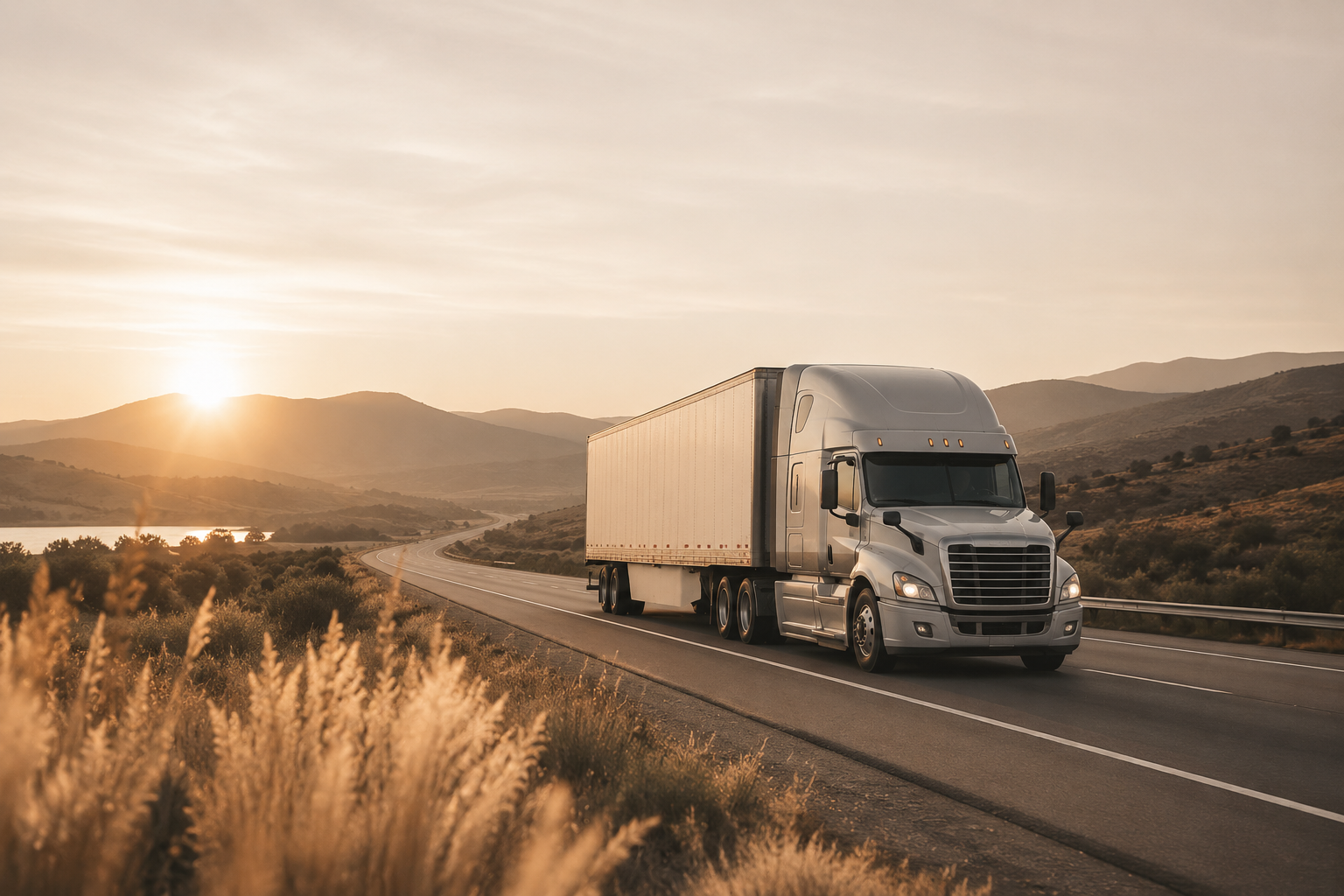 A silver semi-truck driving on a curved highway in a hilly landscape during sunset.
