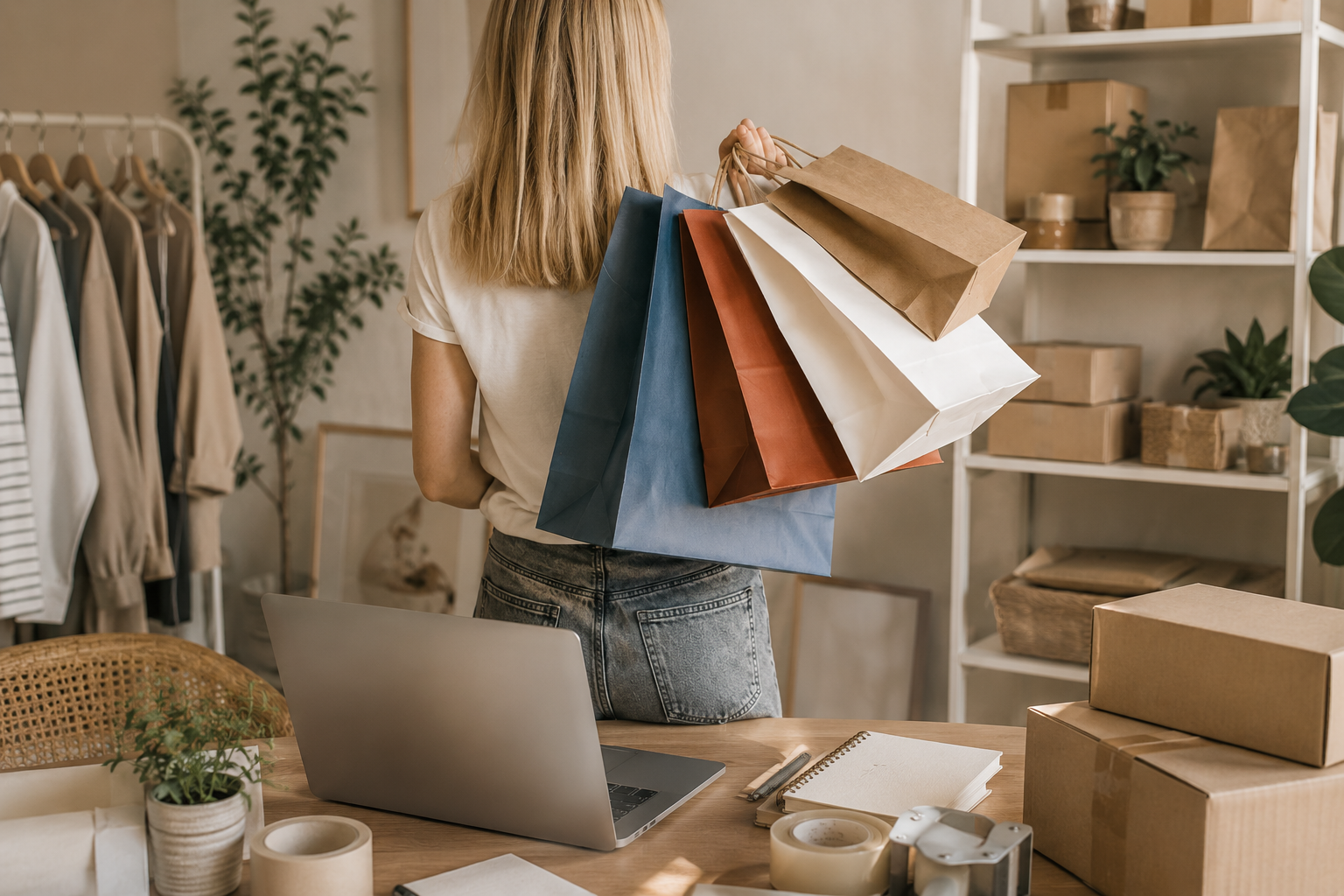 A woman holding multiple shopping bags in a cozy, organized room with plants, shelves, and a table with packing supplies, on a desk with a laptop, notebooks, and boxes.