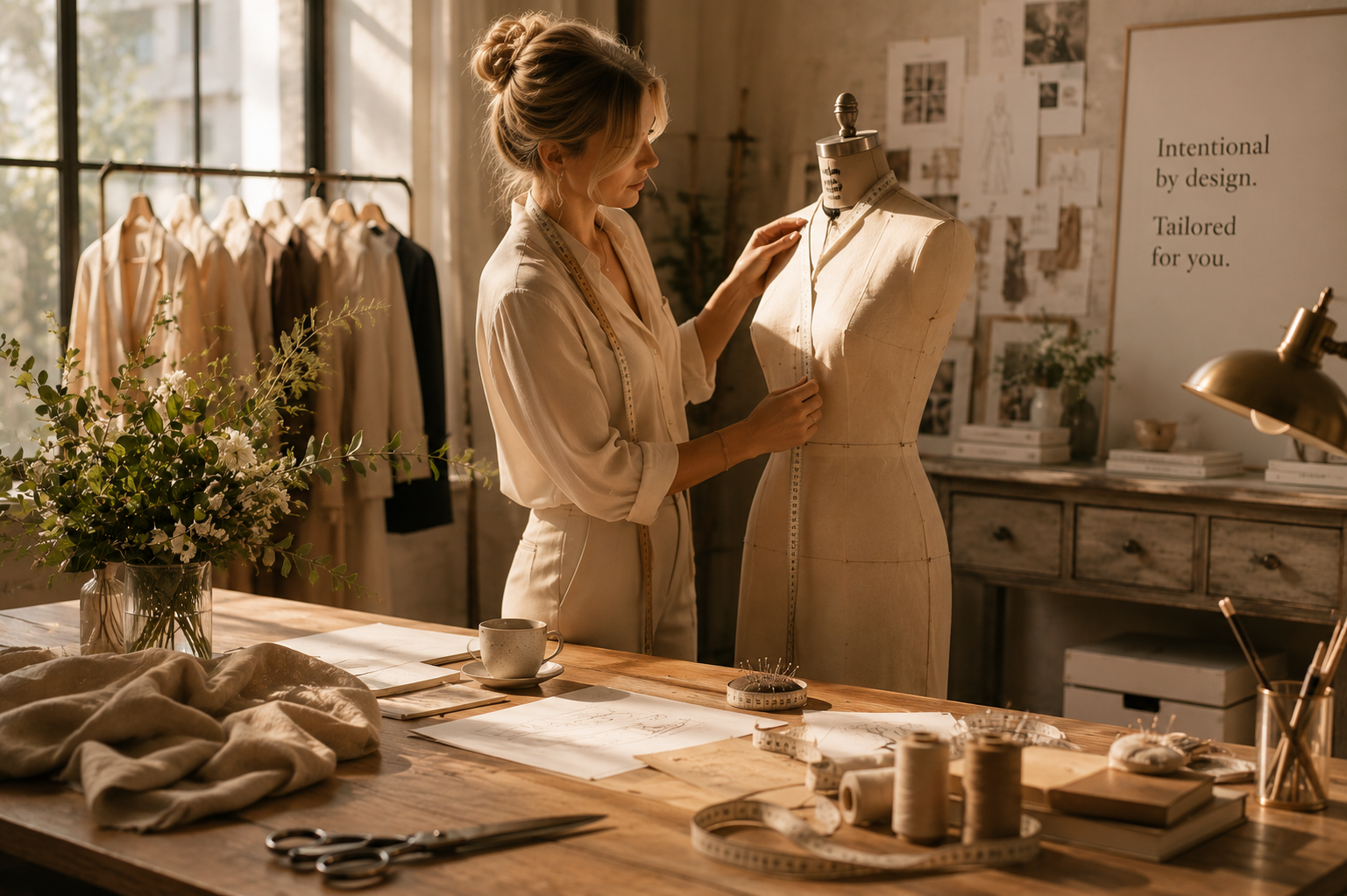 A woman examining a dress form in a fashion design studio with fabric, sewing tools, and sketches on a wooden table. Sunlight streams through large windows.