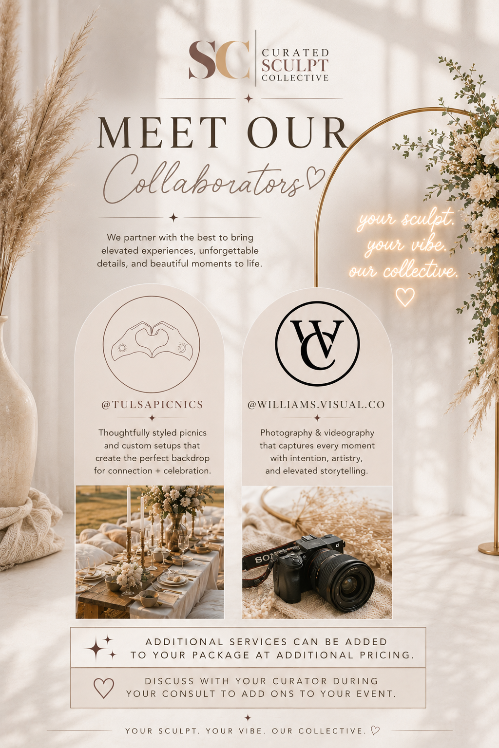 A promotional poster for Curated Sculpt Collective featuring two photographers, Tulsa Picnics and William's Visual Co., with descriptions and sample images of their work, surrounded by neutral-colored decor and floral arrangements.