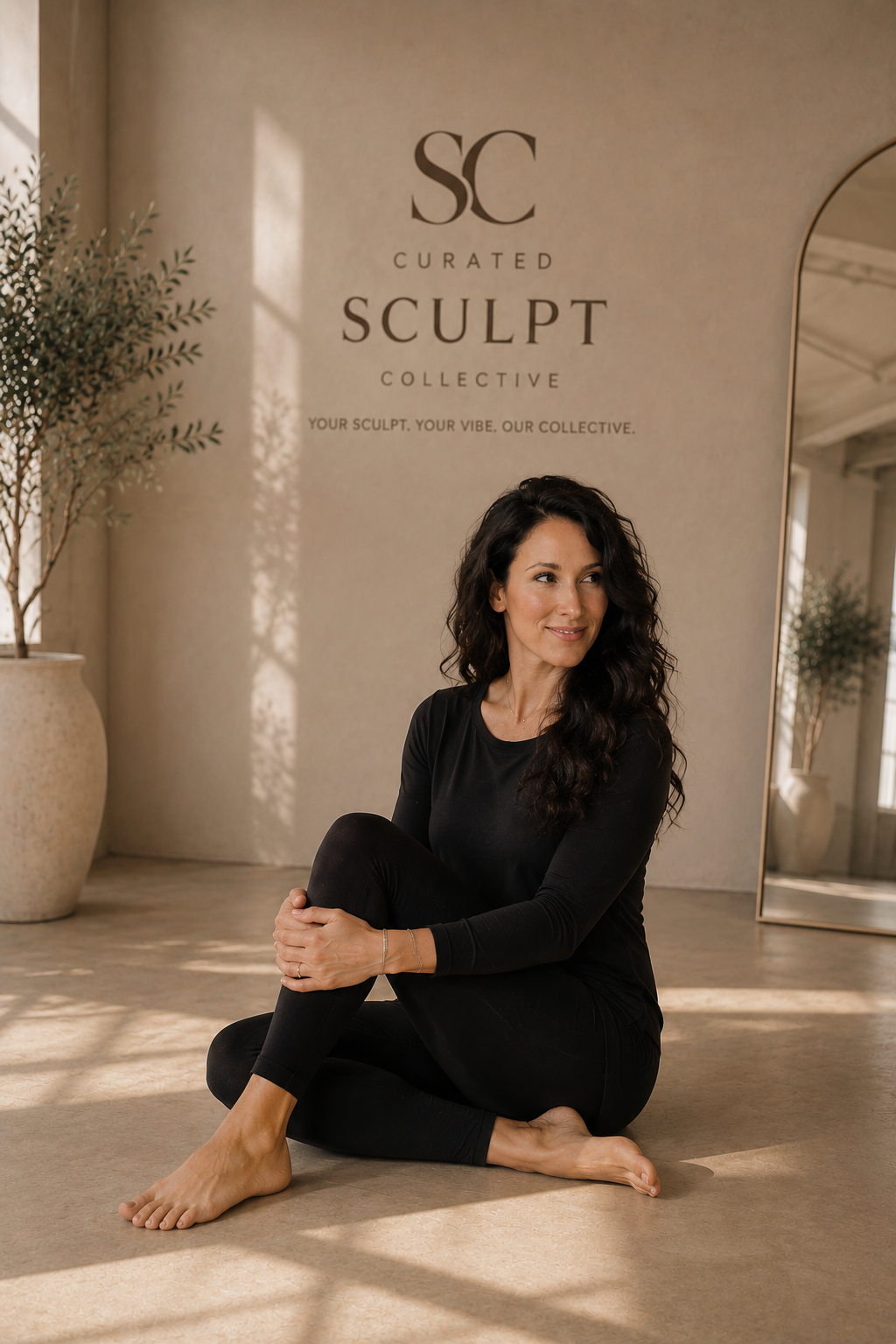 A woman sitting on the floor in a yoga pose with her legs crossed, wearing a black long-sleeve top and black leggings, in a calm, minimalist studio with plants, a mirror, and a sign that reads 'SC Curated Sculpt Collective'.