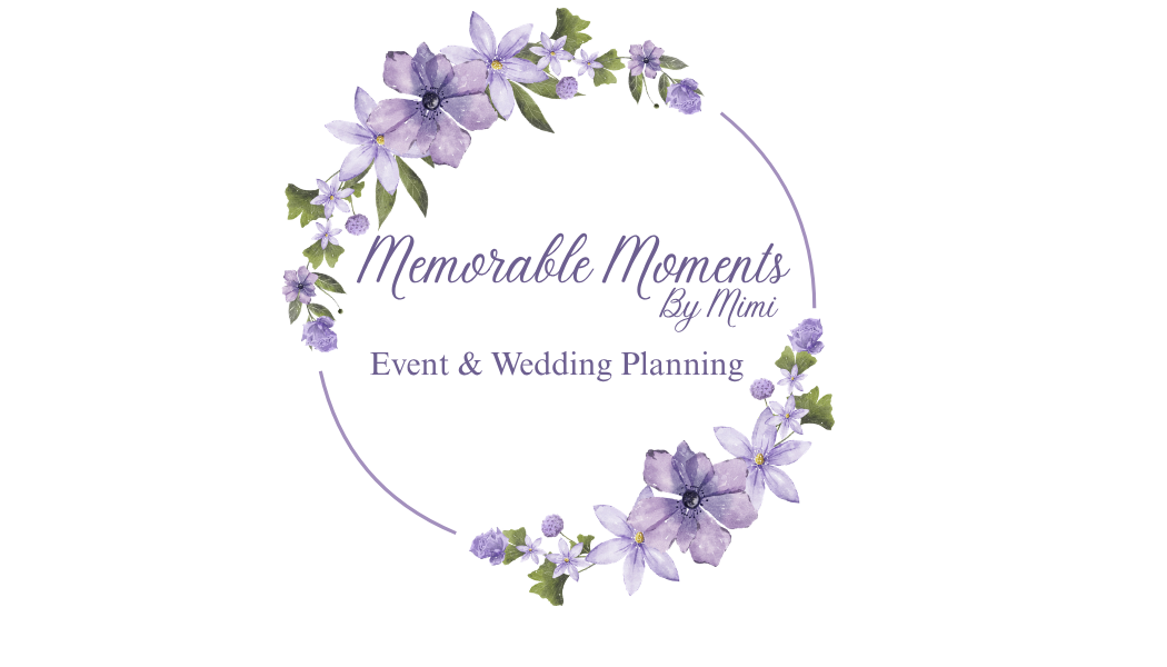 A logo for 'Memorable Moments by Mimi' featuring a purple floral circle with the text 'Event & Wedding Planning' in the center.