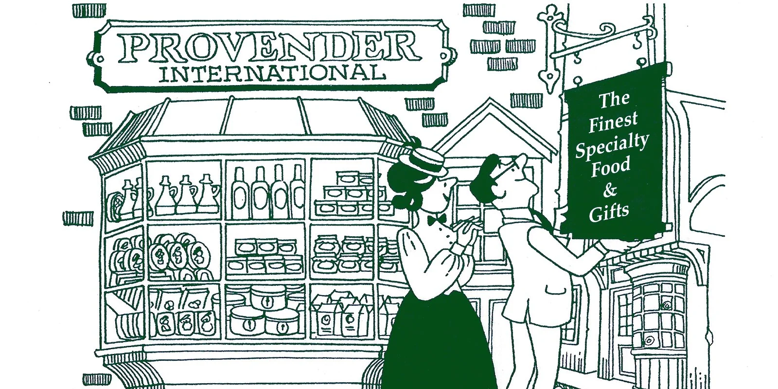 Line drawing of a storefront with two women shopping outside, a sign reading "PROVIDER INTERNATIONAL," and a hanging sign stating "The Finest Specialty Food & Gifts."