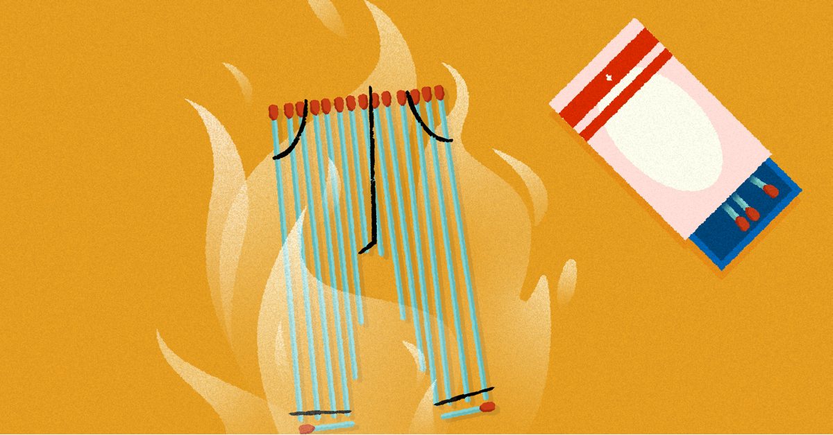 An illustration of a distressed chair with blue strings hanging from its backrest, surrounded by flames, and a box of matches nearby.