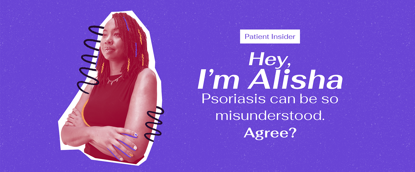 A woman with colorful braids crossing her arms, purple background with text about psoriasis awareness and understanding.