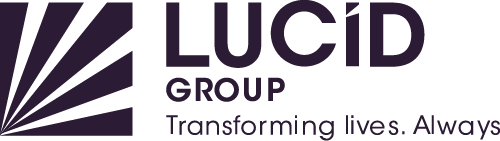 LUCID Group logo with a purple stylized sun and the slogan 'Transforming lives. Always.'