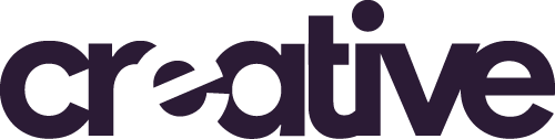 Text that reads 'creative' in bold, dark purple letters on a white background.