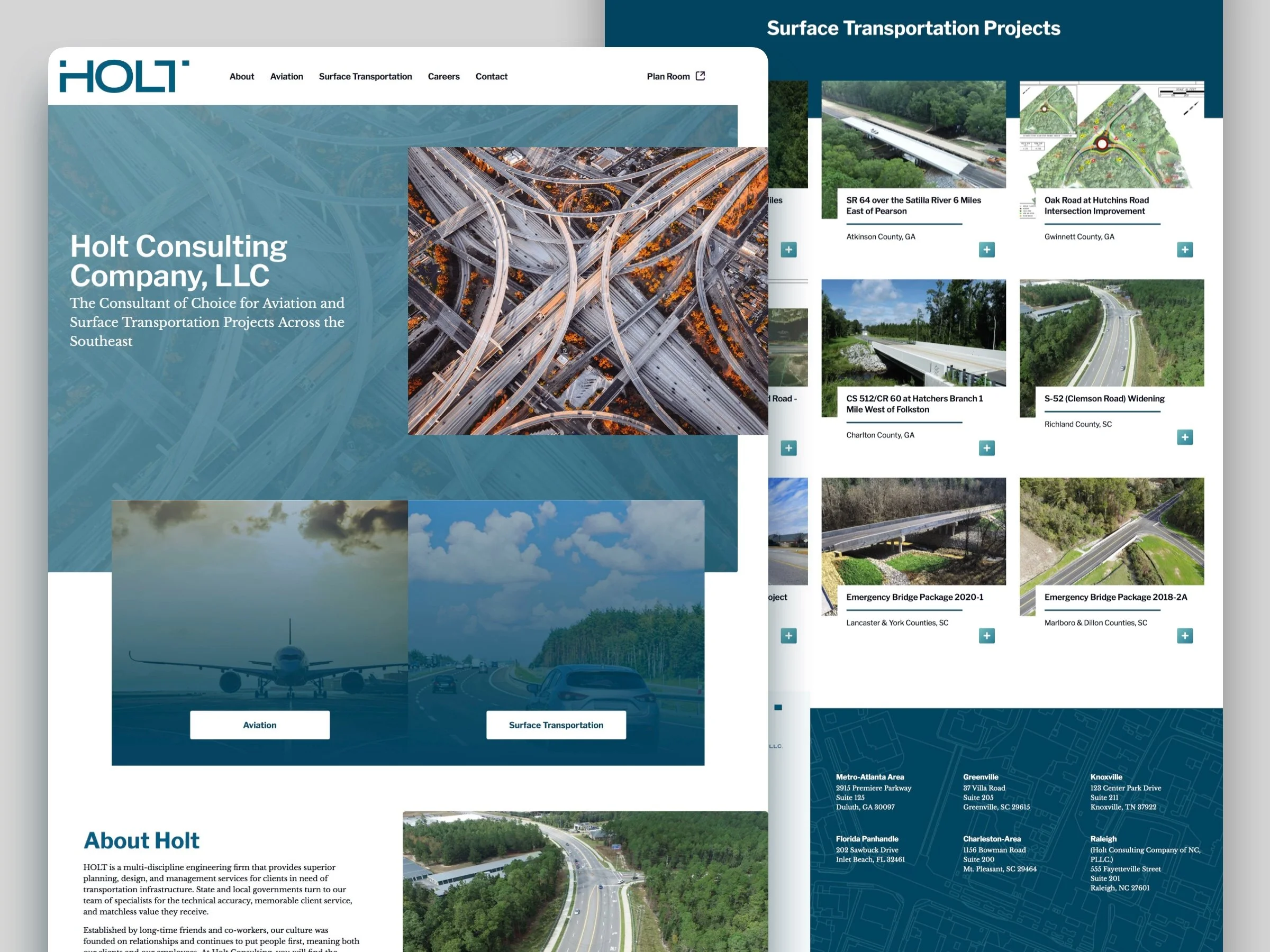 Screenshot of a website for Holt Consulting Company, LLC, featuring aerial photos of highway interchanges, roads, and transportation projects, with navigation links for About, Aviation, Surface Transportation, Careers, and Contact.