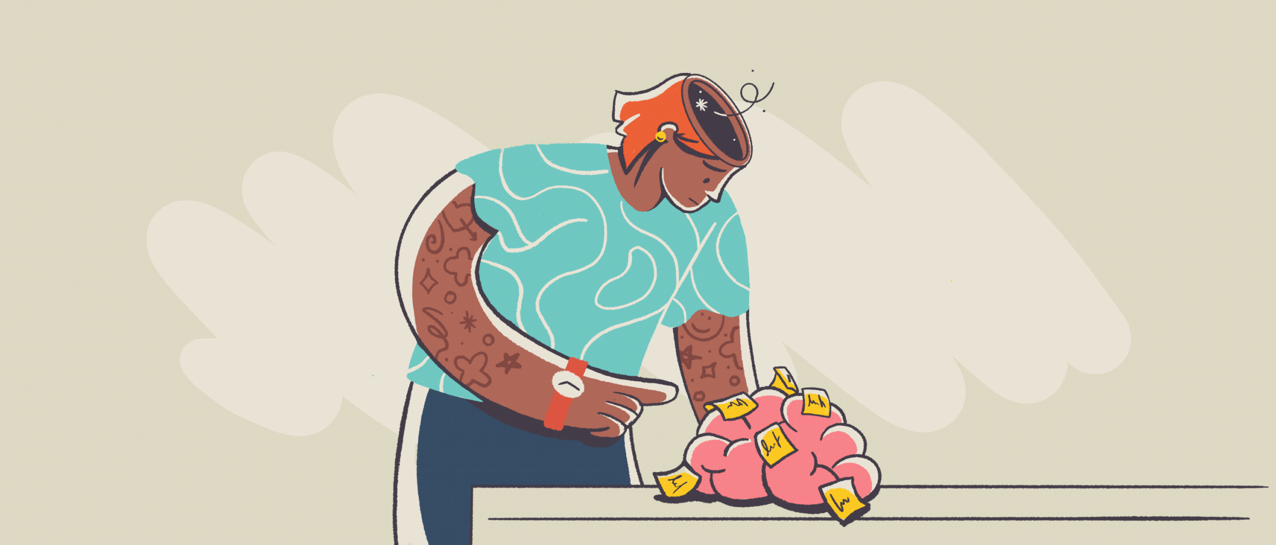 A person with tattoos on both arms, wearing a turquoise shirt with white patterns, is pointing at a pink brain with yellow sticky notes on it, while a steaming cup hovers above their head.