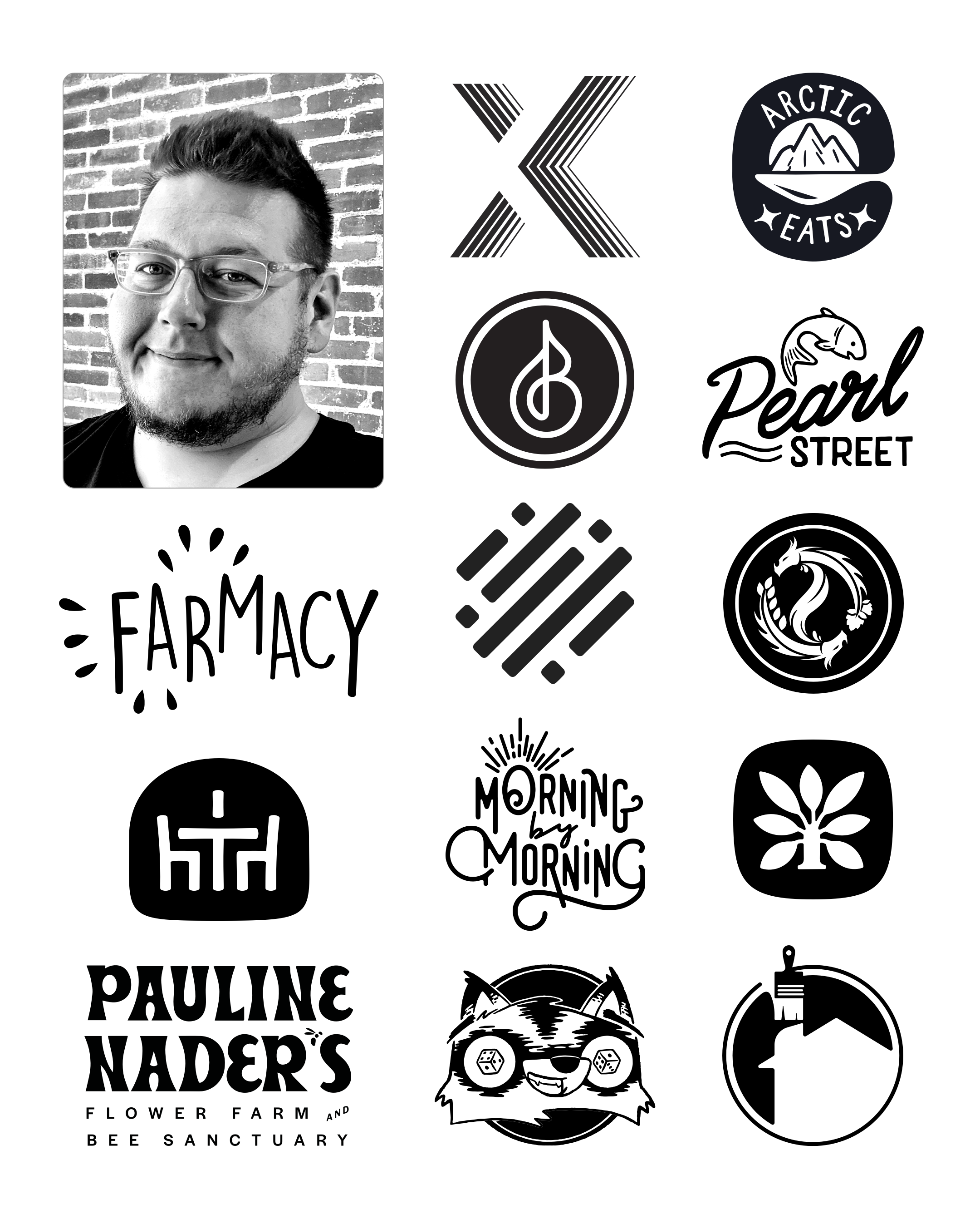 A grid of various black and white logos, including a portrait of a smiling young man with glasses, logos for Arctic Eats, Pearl Street, Farmacy, and other businesses, along with coffee and animal-themed graphics. The logos are monochromatic and have diverse designs.