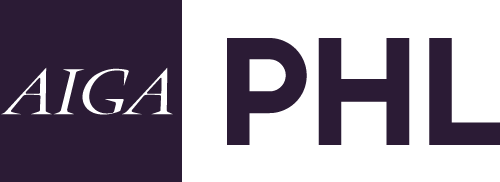 A logo with the text 'AIGA PHIL' in black and purple letters.