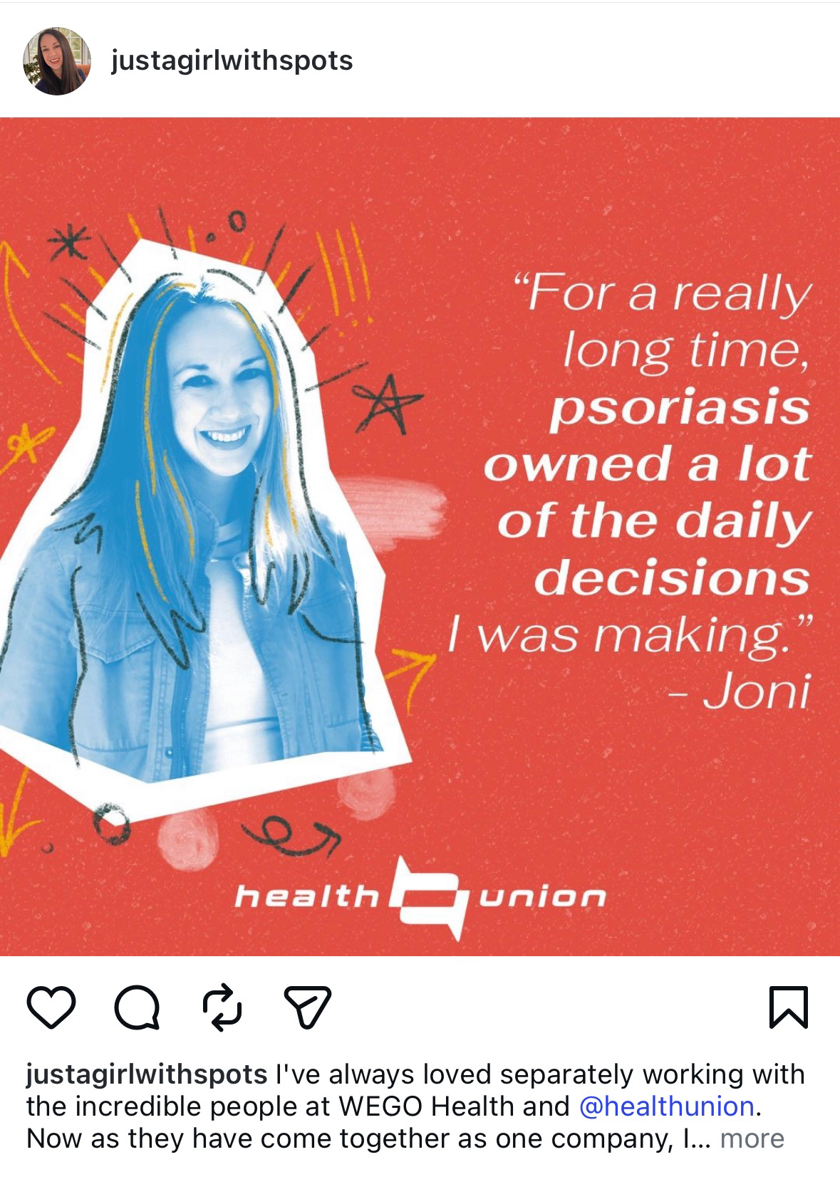 A graphic featuring a smiling woman with long hair in a blue overlay style, surrounded by doodles and a quote about psoriasis owning a lot of daily decisions, with the logo for health union at the bottom.