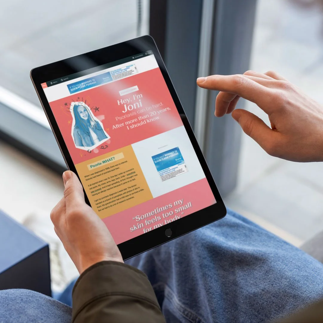 Person holding a tablet displaying content about psoriasis, with a profile picture of a smiling woman named Joni and various informative sections on the screen.
