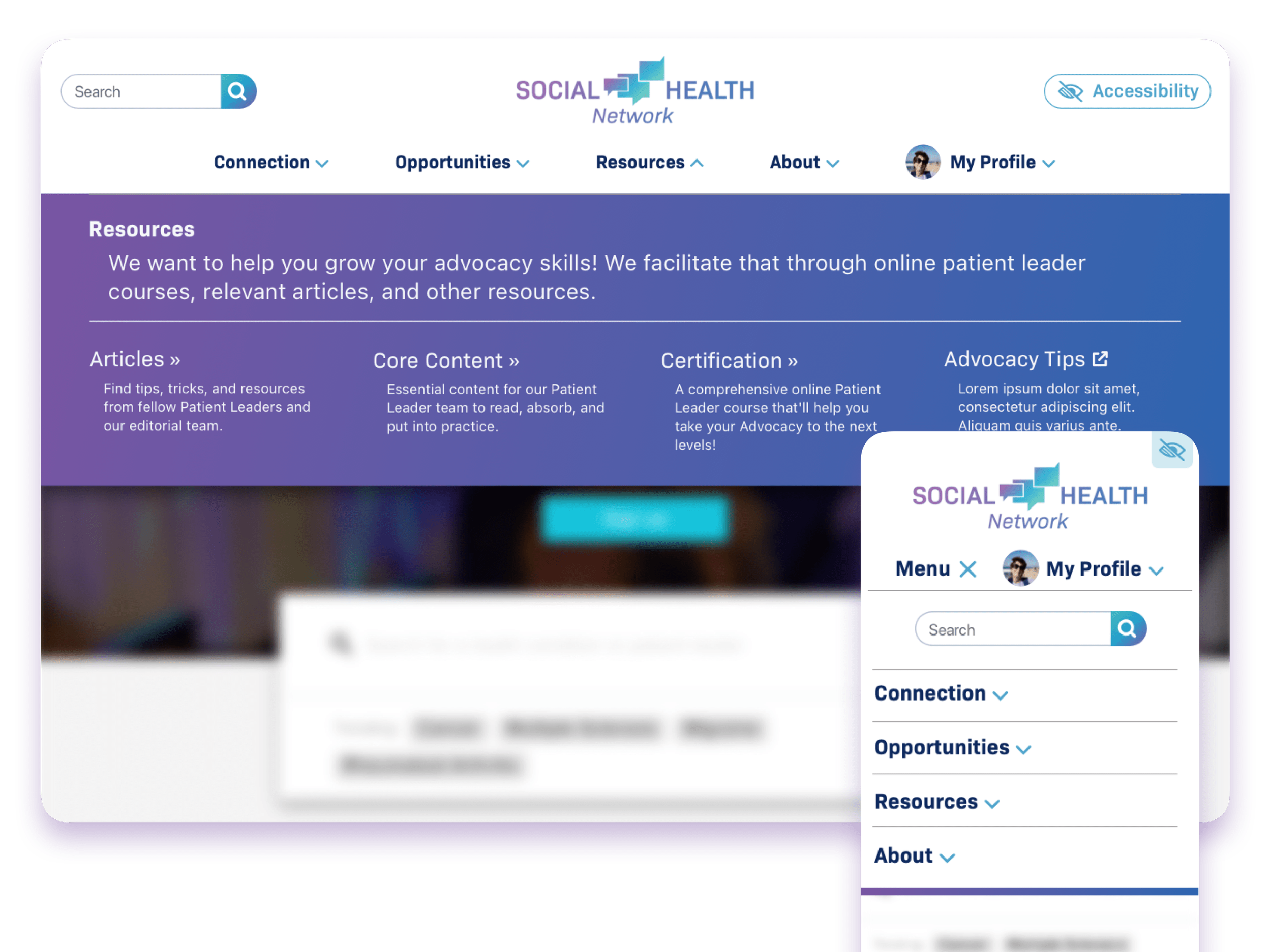 Screenshot of a social health network webpage showing menu options, profile picture, search bar, and resources section with links to articles, core content, certification, advocacy tips, and about information.