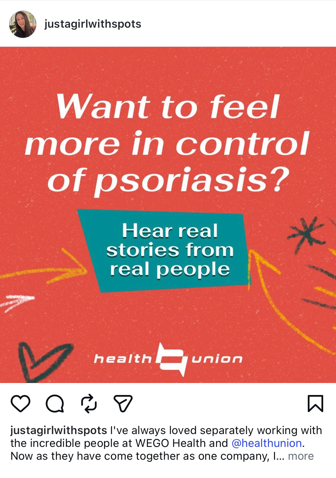 A promotional graphic with a pink background, white and teal text, and small decorative elements like arrows, stars, and hearts. The main text reads: "Want to feel more in control of psoriasis?" and a teal box says: "Hear real stories from real people." The logo for health union is at the bottom.
