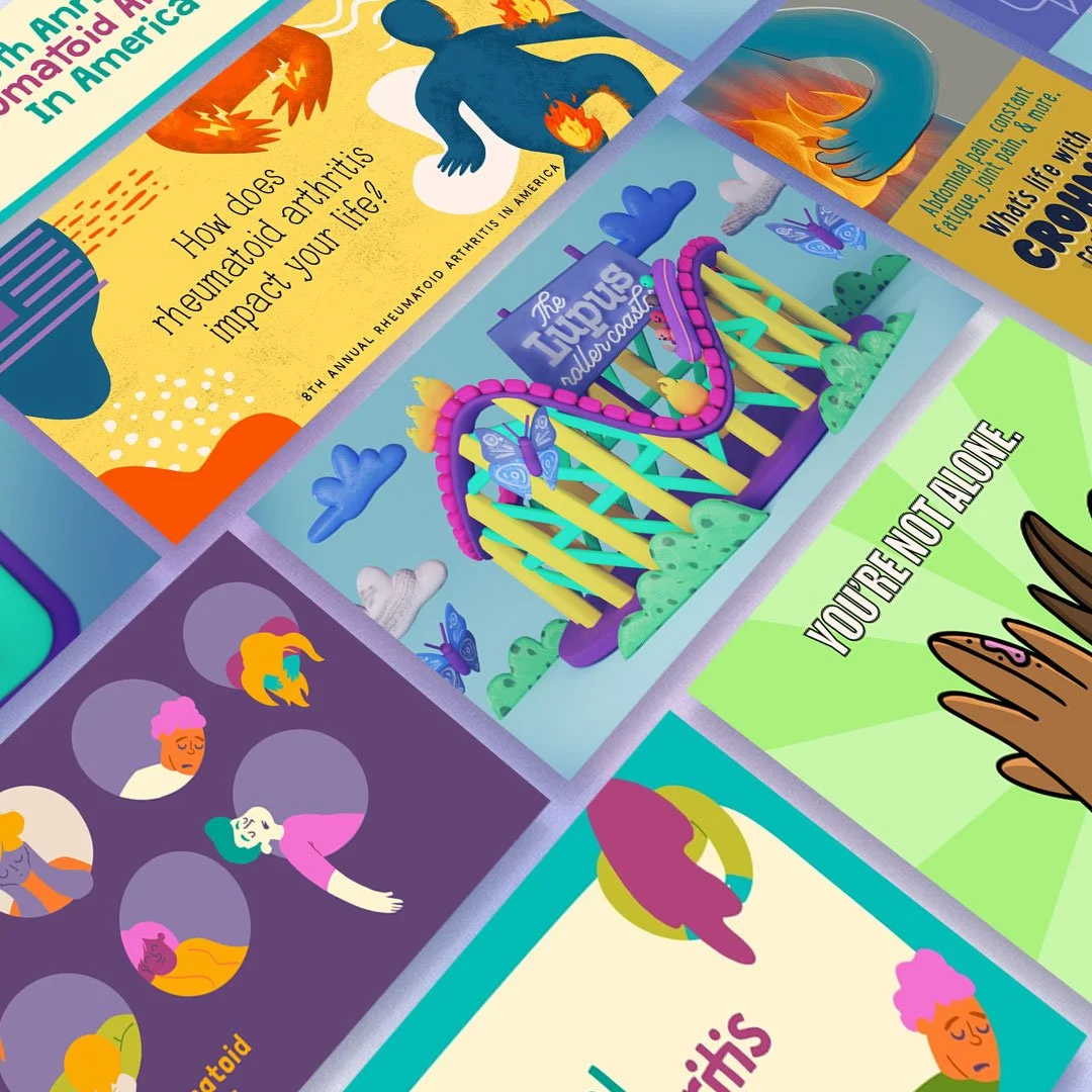 A collage of colorful educational posters and illustrations related to rheumatoid arthritis, DNA, mental health, and health awareness topics.