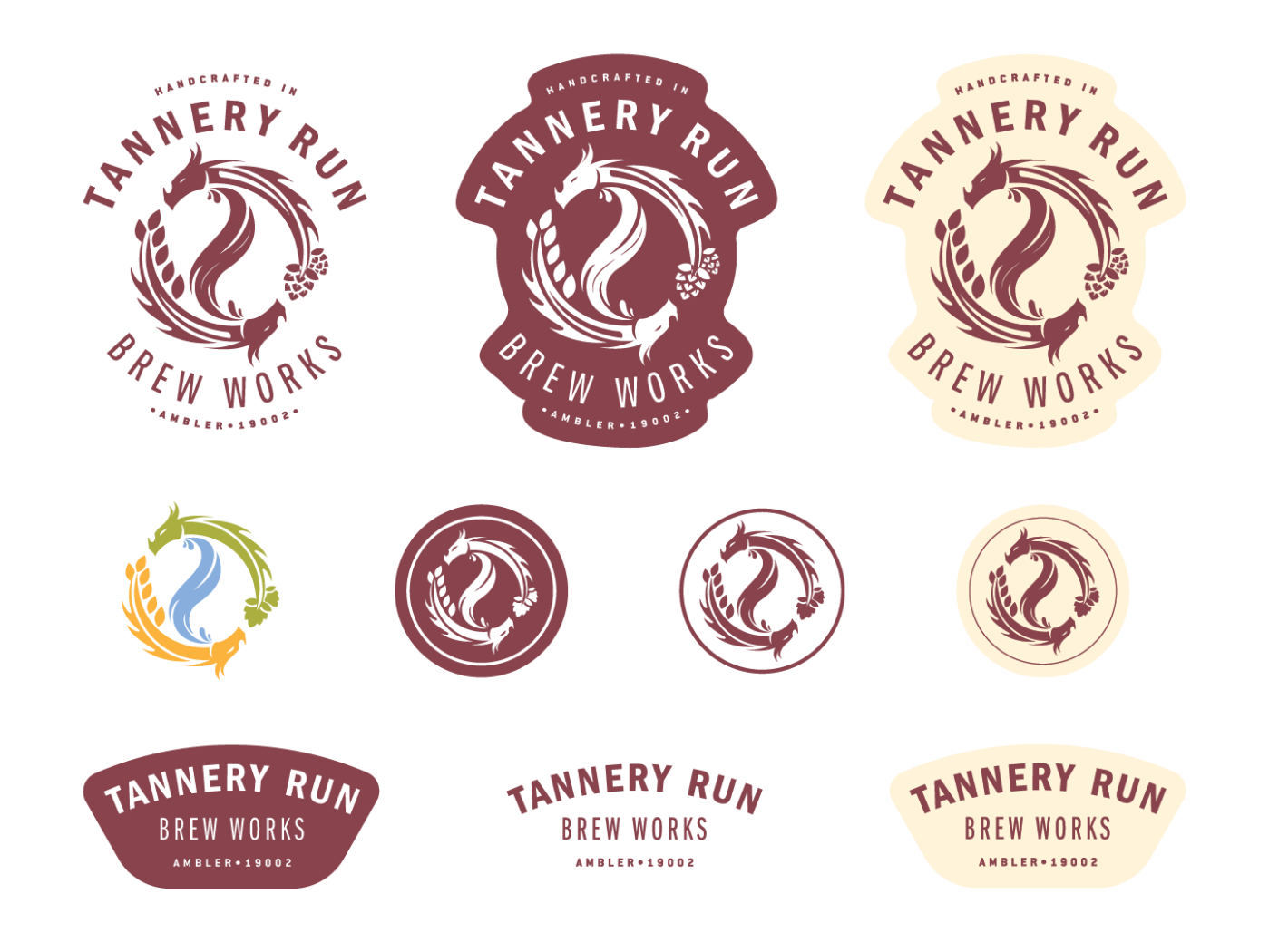 Collection of nine different logo designs for Tannery Run Brew Works, featuring a stylized seahorse surrounded by a wreath, with text variations on dark and light backgrounds, some including additional design elements like beans and 'AMBLER 19002'.