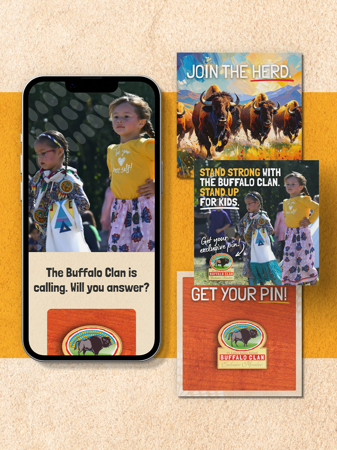 Flyer promoting the Buffalo Clan and Native American youth participation with vibrant images of kids in traditional attire and buffalo imagery, and text encouraging to join and get a pin.