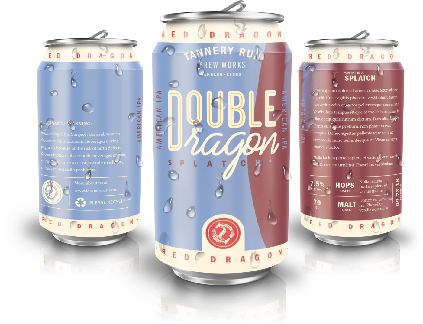 Three cans of Red Dragon American IPA beer with water droplets, featuring blue, red, and white labels and the centering can showing the product name 'Double Dragon.'