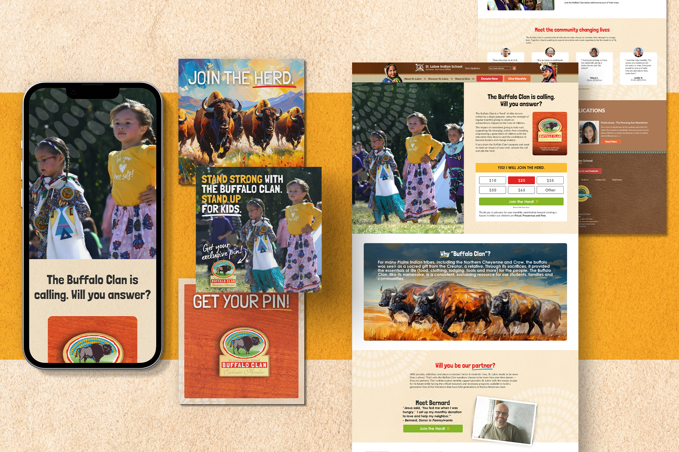 A webpage and mobile app screen for the Buffalo Clan community, featuring images of children dressed in traditional clothing, buffalo artwork, and donation options.