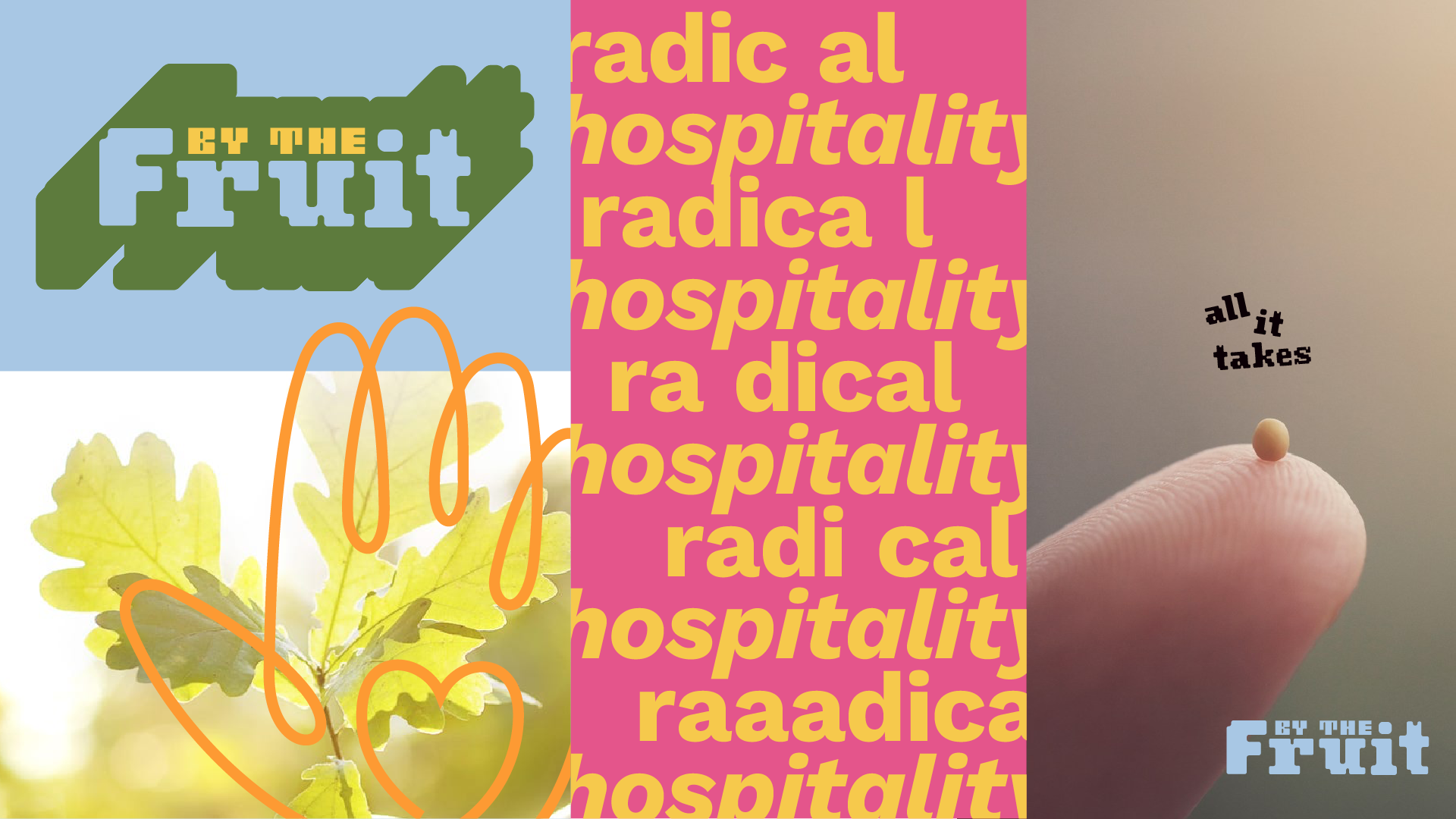 A collage image with a McDonald's logo, yellow text on a pink background saying "radical hospitality," a close-up of a person’s finger with a tiny beige ball on the tip, with the phrase "all it takes" above the finger.