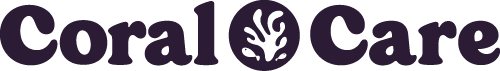 Coral Care logo in purple text with a coral symbol between words