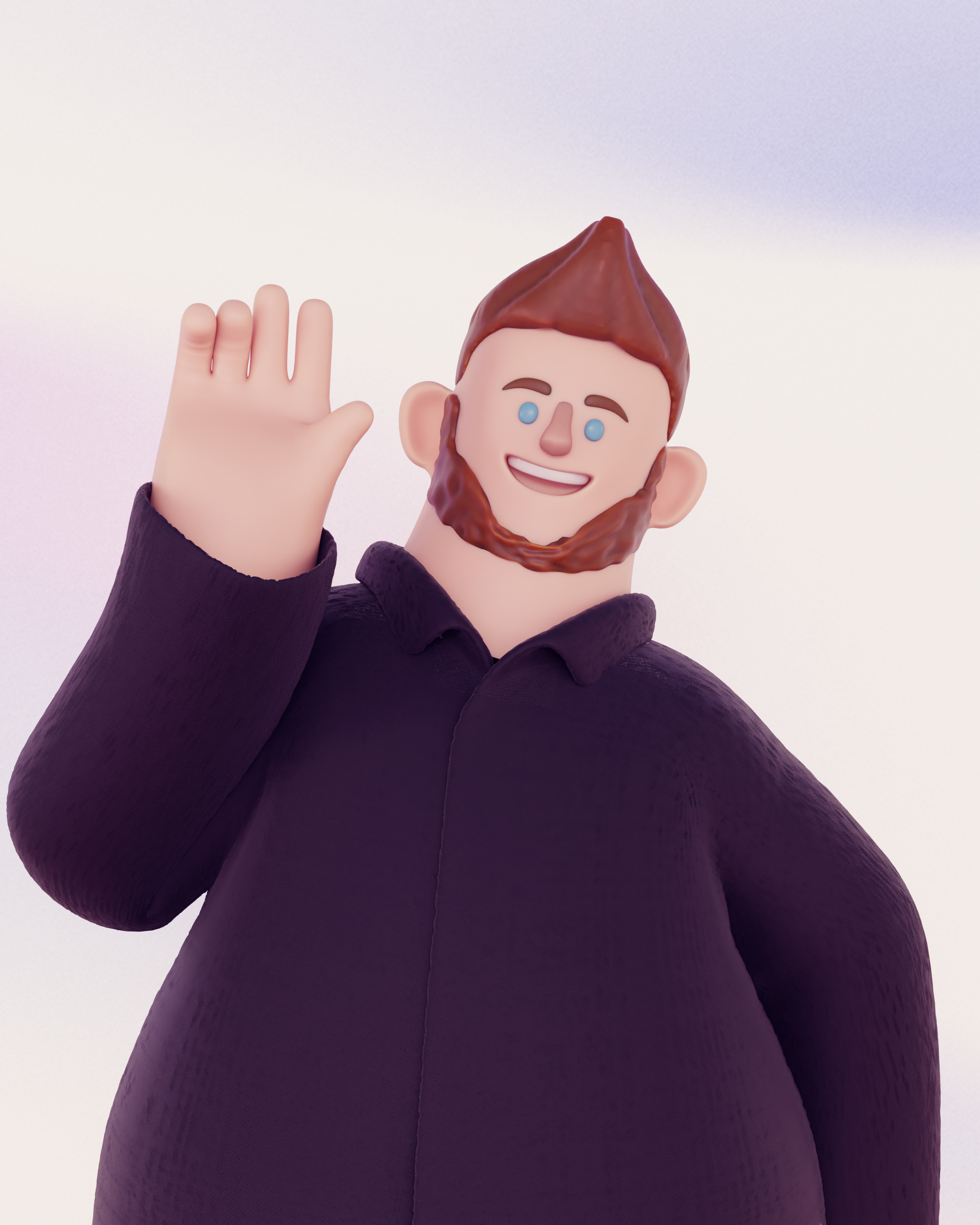 Close-up of a cartoonish animated character with a beard and red hair, smiling and waving with a hand, wearing a dark purple jacket against a pale background.