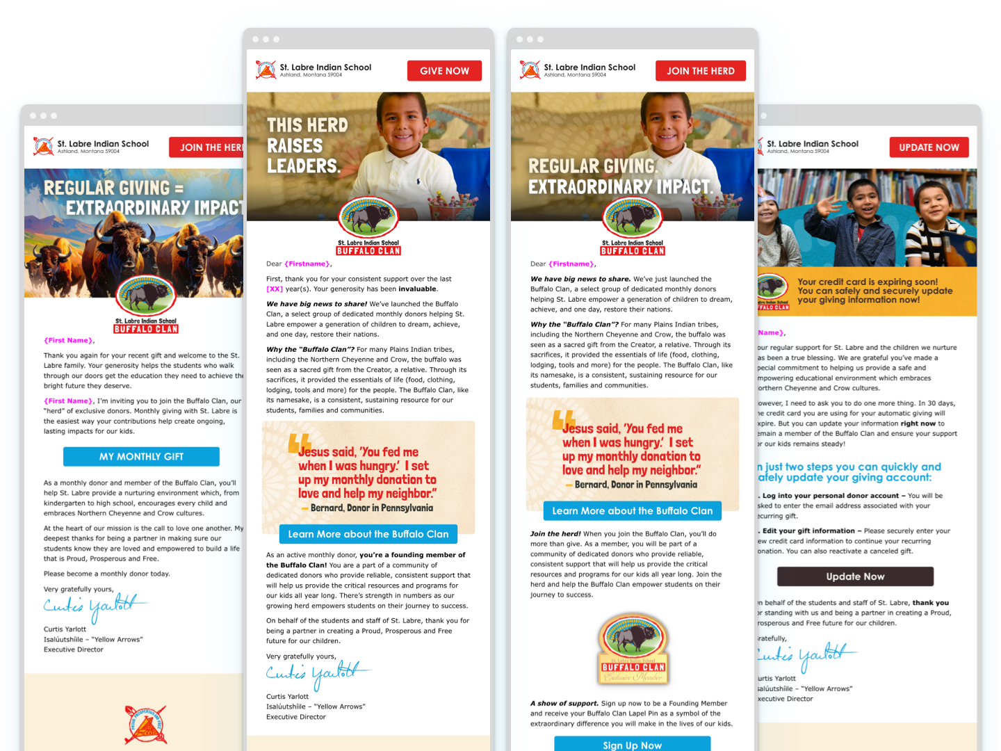 Screenshots of email newsletters from St. Labre Indian School featuring images of children, buffalo, and library, with fundraising calls to action, updates, and quotes about community support.