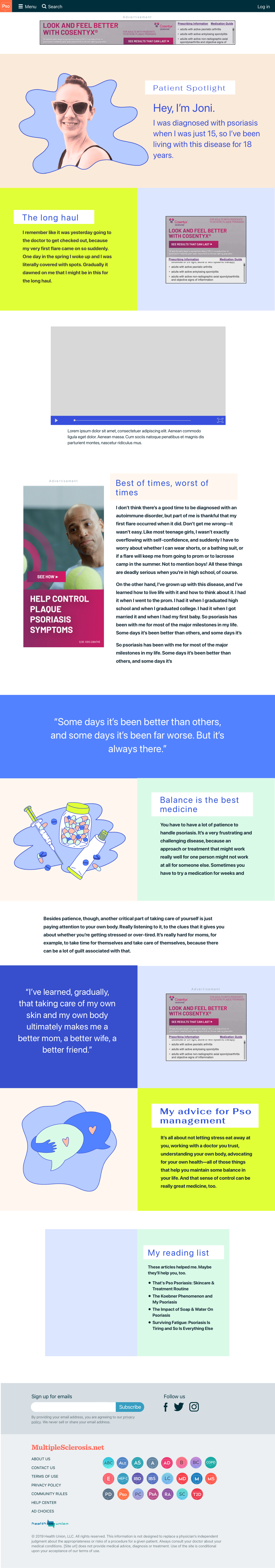 A health information webpage featuring advice and personal stories about psoriasis, with sections on diagnosis, management, and positivity, including photos of a smiling woman and a bald man, and colorful graphics.