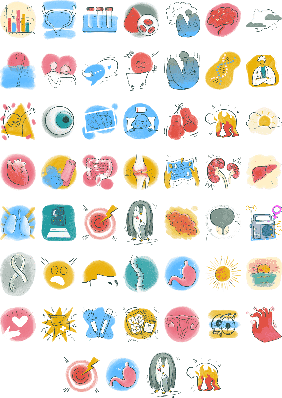 Collection of colorful illustrations representing various health and medical concepts, including charts, anatomy, emotions, and healthcare-related symbols.