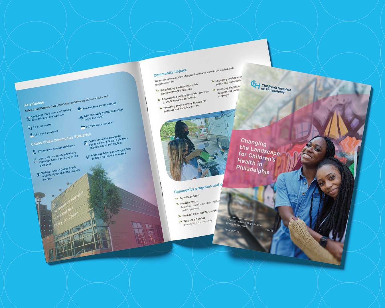 A brochure titled "Changing the Landscape for Children's Health in Philadelphia" featuring a smiling woman and a girl, with additional pages showing community information and activities, against a background of colorful murals.