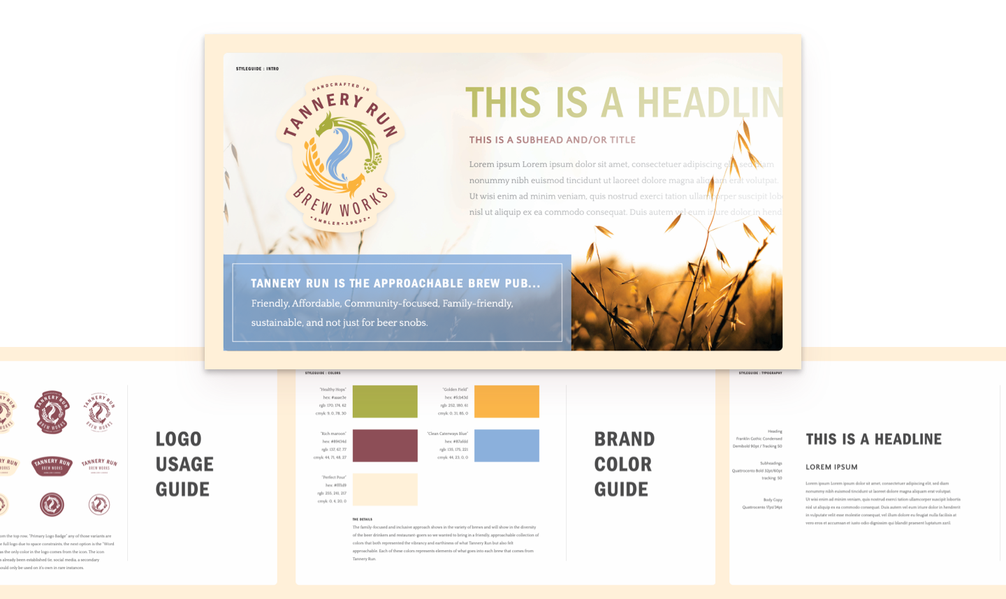 Digital design mockup of a webpage for Tannery Run Brew Works featuring a logo with a stylized horse head, a large headline, subhead, a background photo of wheat, and sections for brand colors, logo usage guide, and a headline.