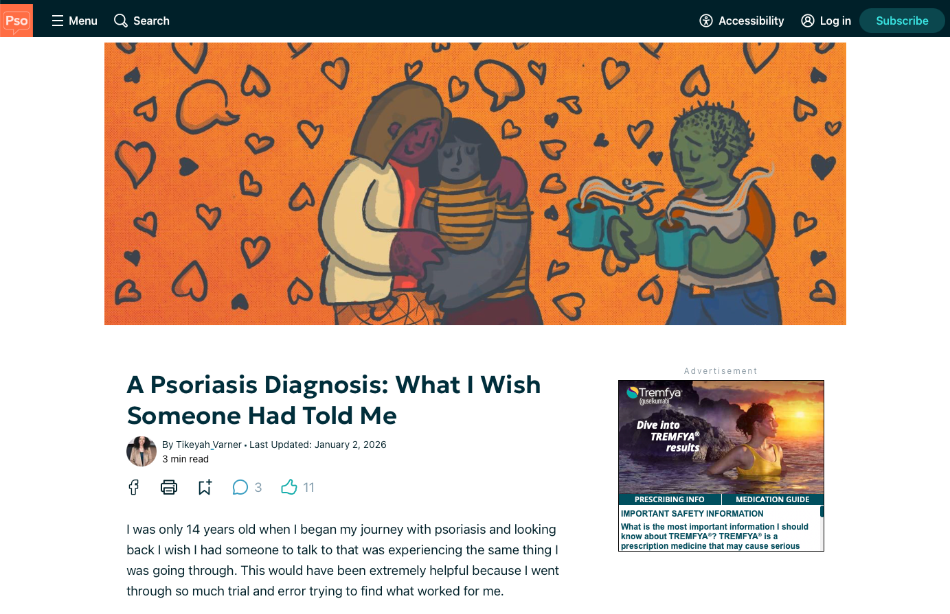 Illustration of three people with warm expressions, two embracing each other and one holding coffee mugs, on an orange background adorned with scattered heart shapes.