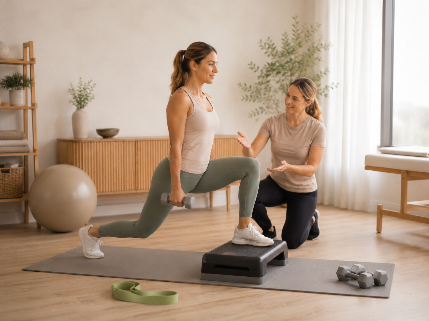 A woman in workout clothes is doing a step exercise with a dumbbell while a trainer kneels next to her, guiding her in a fitness studio with wooden floors and natural decor.