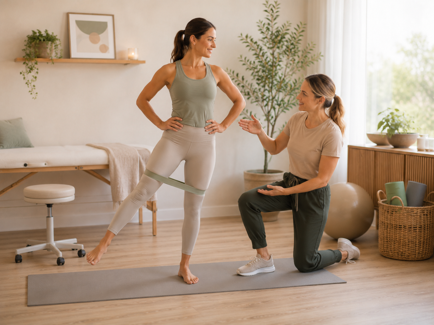 A woman in workout clothes receives physical therapy or assistance from a trainer during a fitness session in a home gym with natural light.