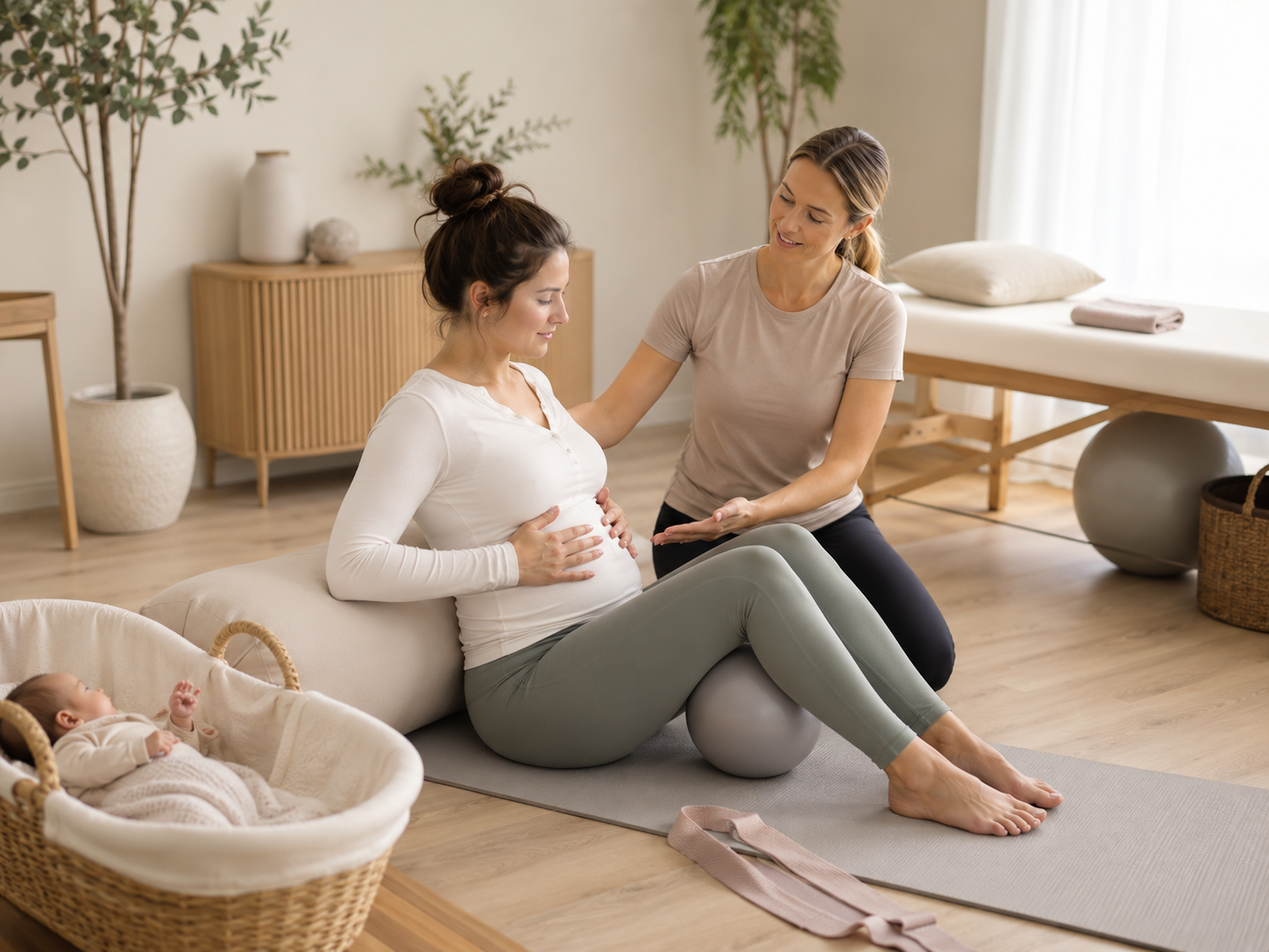 A pregnant woman sitting on a yoga ball with her hand on her belly, smiling at a woman kneeling beside her, holding her arm. A baby is sleeping in a basket nearby in a calm, minimalistic room.