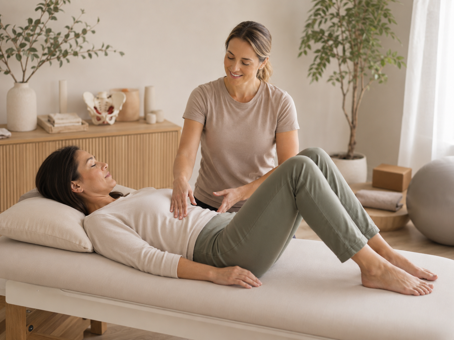 A woman lying on a massage table and a therapist giving her a physical therapy or massage treatment in a room with plants and neutral decor.