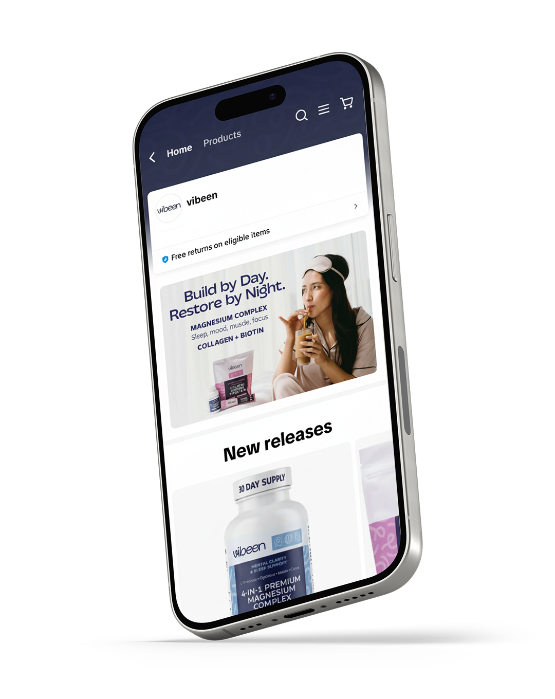 Smartphone displaying TikTok shop online store for vibeen health supplements, with banners about product releases and special offers.