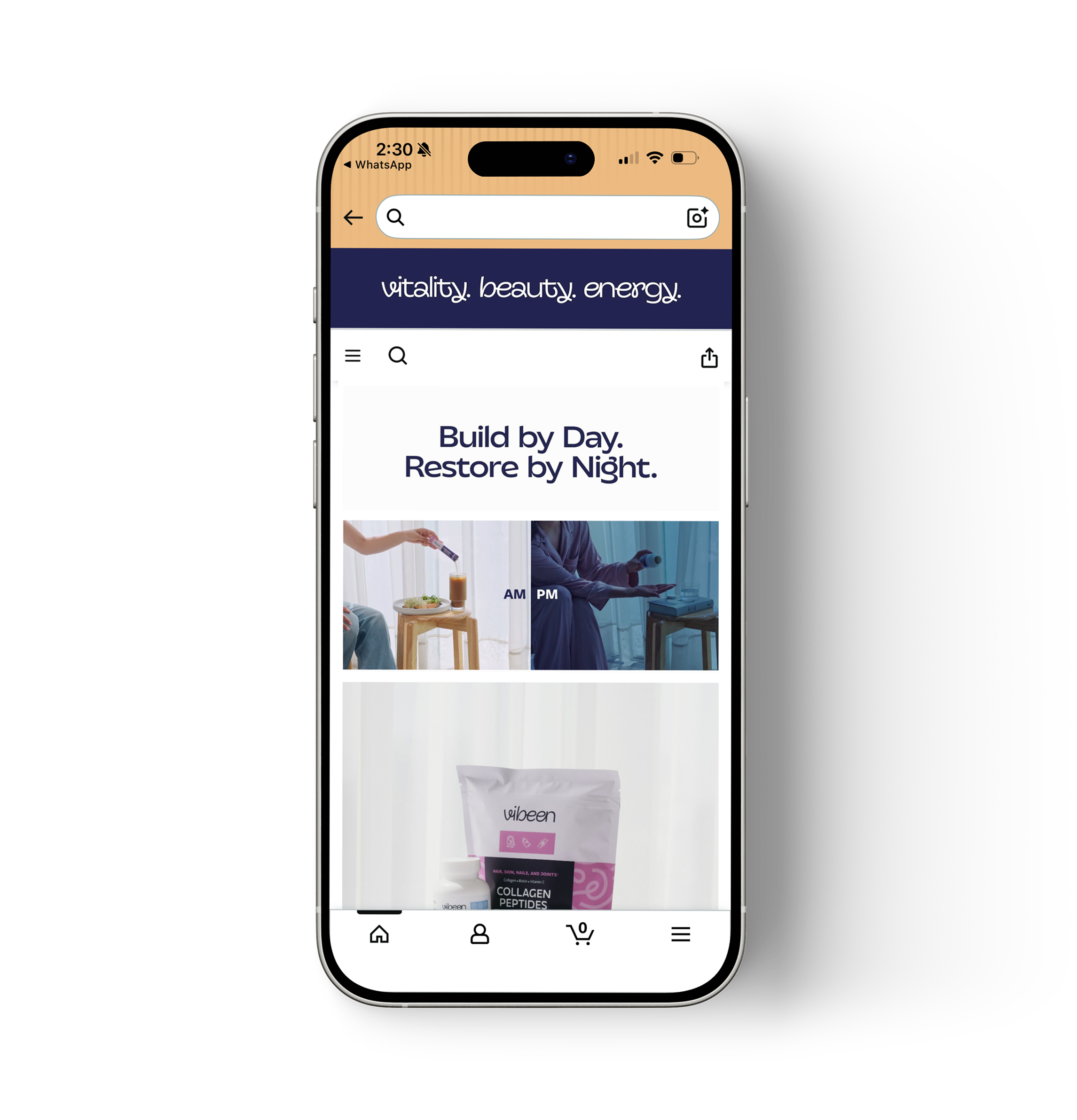 Screenshot of amazon mobile shopping app displaying wellness and beauty products, including collagen peptides, and the phrase 'Build by Day. Restore by Night.' in large text.