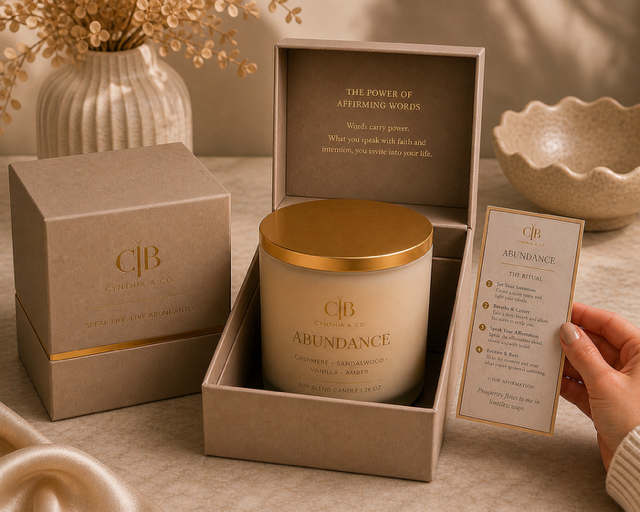 A hand holding a card of instructions next to a candle in a beige box, with other candle boxes and decorative items on a beige surface.