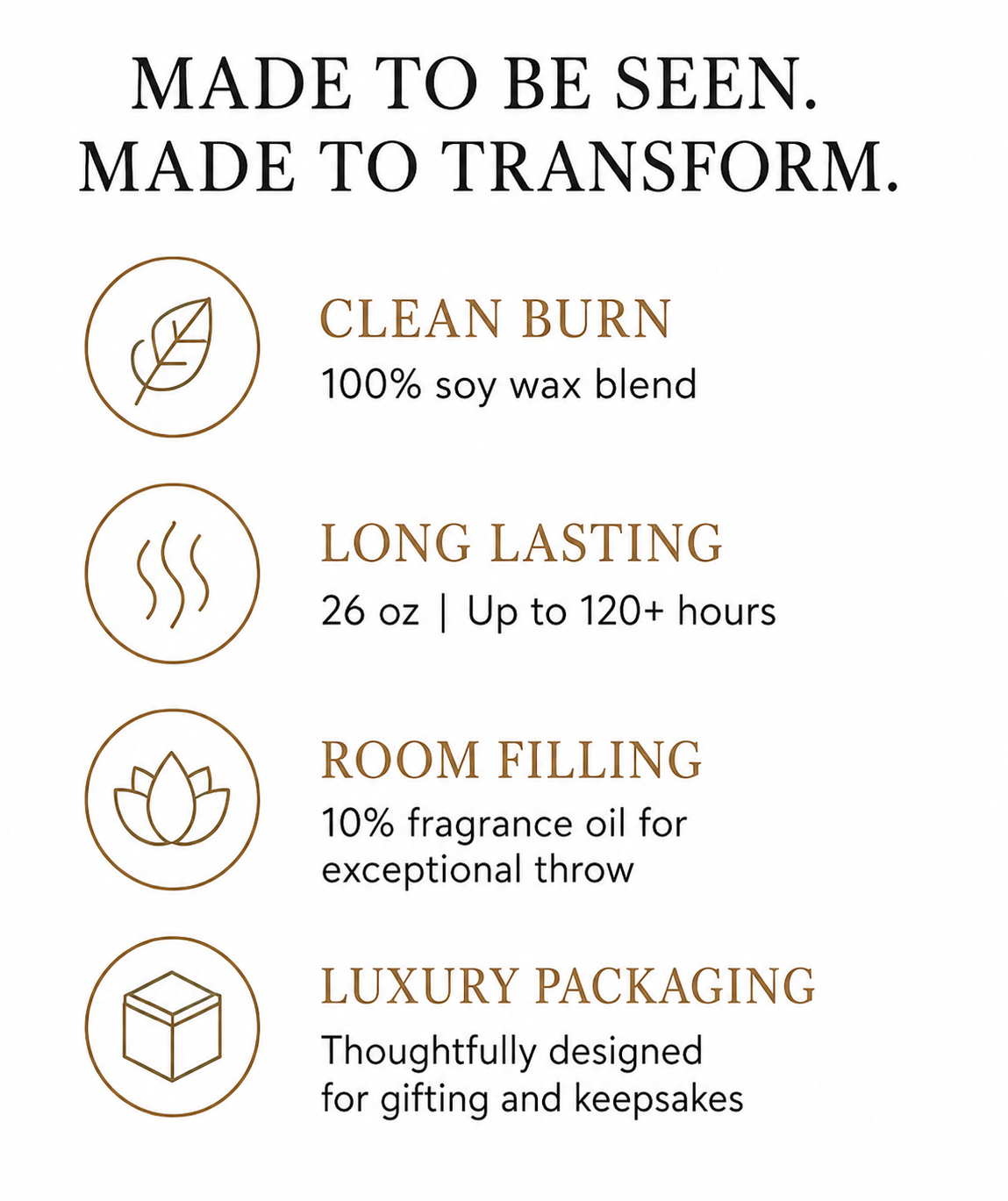 An informational graphic with black text and brown icons on a white background. It highlights features of a product, including 'Clean Burn' with a leaf symbol, 'Long Lasting' with steam symbol, 'Room Filling' with a flower symbol, and 'Luxury Packaging' with a cube symbol.
