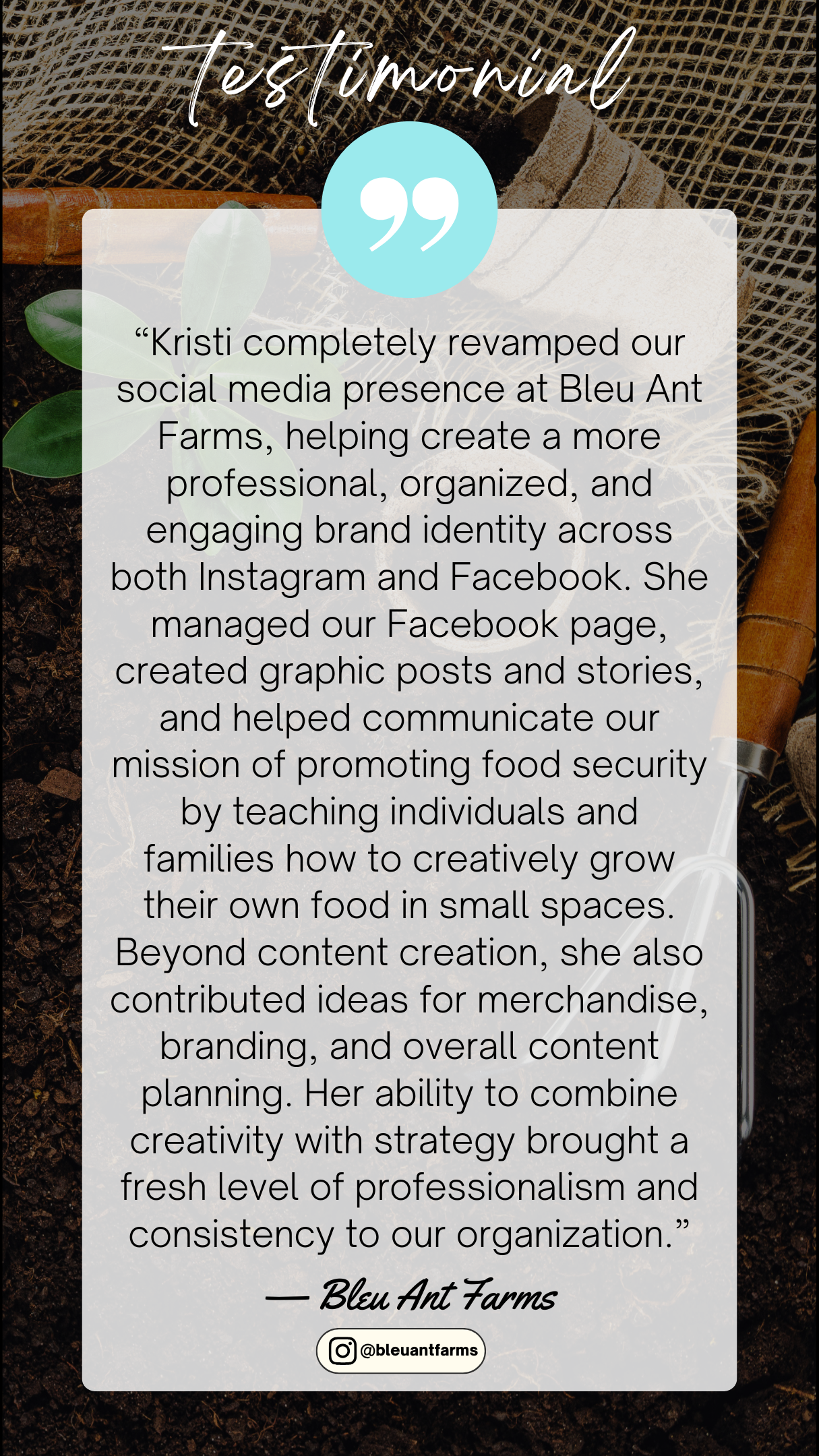 Testimonial from Bleu Ant Farms in Tallahassee highlighting social media management, graphic design, and content strategy services provided by Kristi B Visuals.