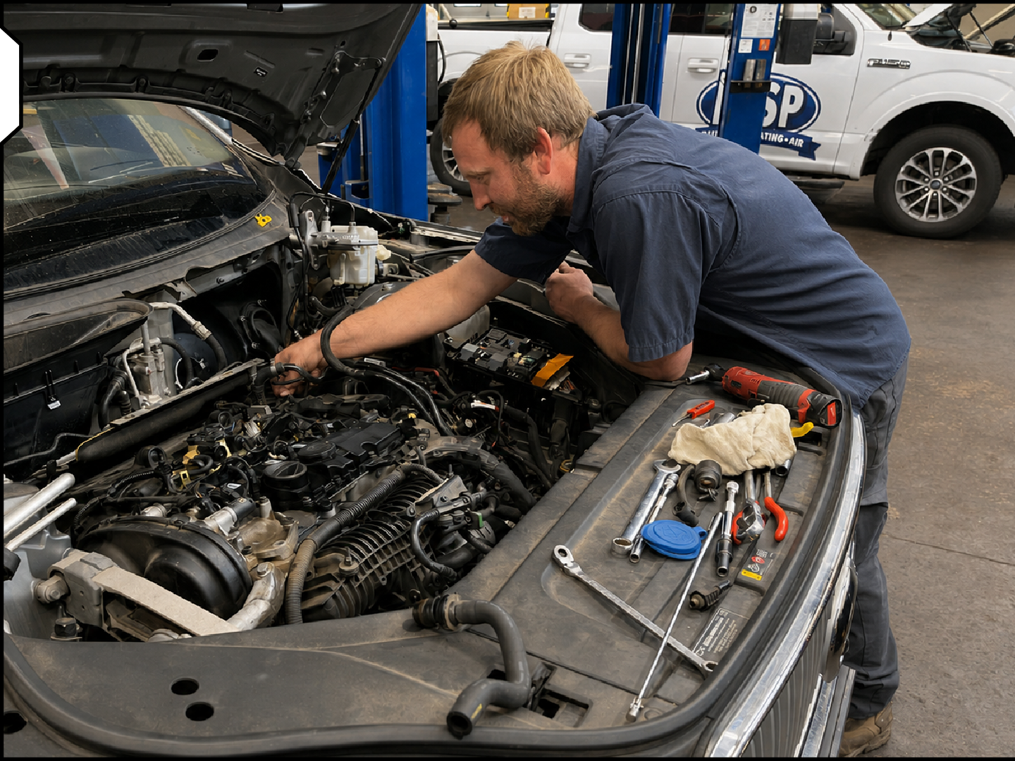A man working on a car engine in an auto repair shop, surrounded by tools including wrenches, screwdrivers, and a red cordless drill, with vehicles and a lift in the background.