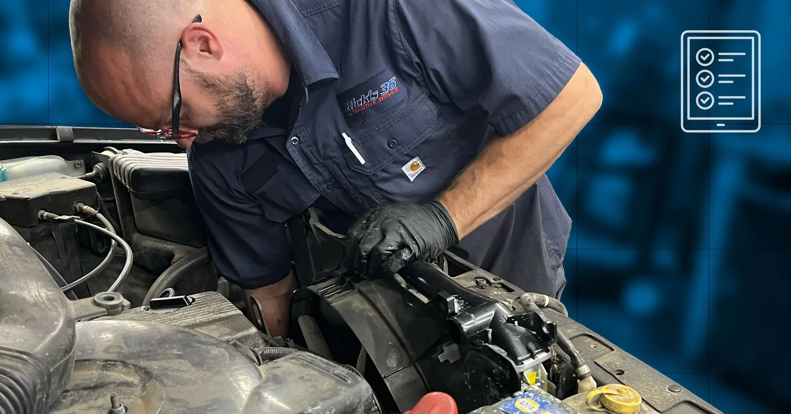 Rick's 36 mechanic working on a car. Blue background, includes an icon of a tablet with a checklist in the top right corner.