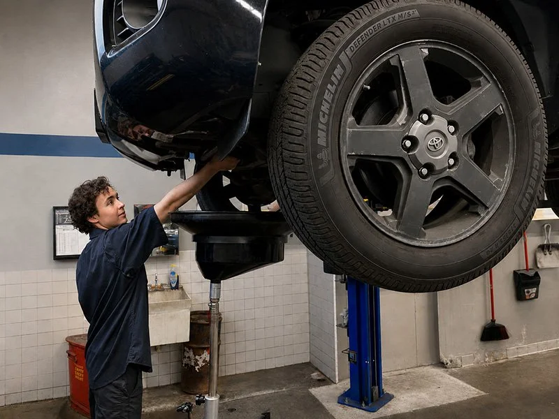 A mechanic working underneath a raised black SUV in an auto repair shop.