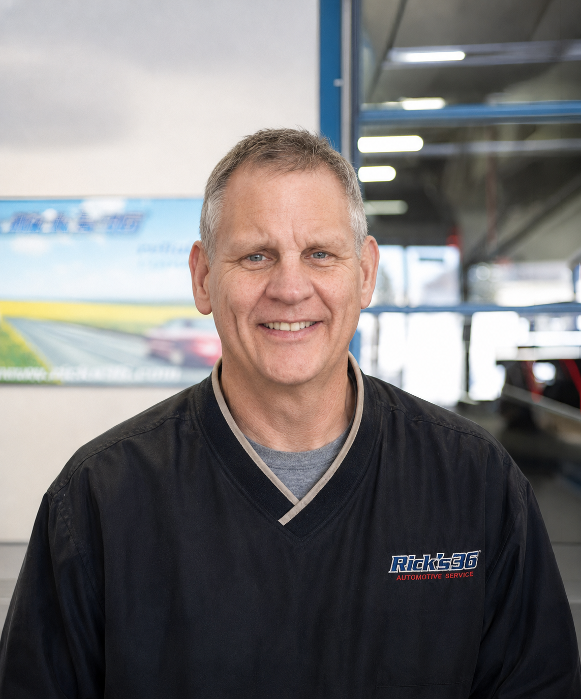 A middle-aged man with short gray hair smiling, wearing a black automotive service shirt with the logo "Rick's 36" on it, standing in an automotive workshop.